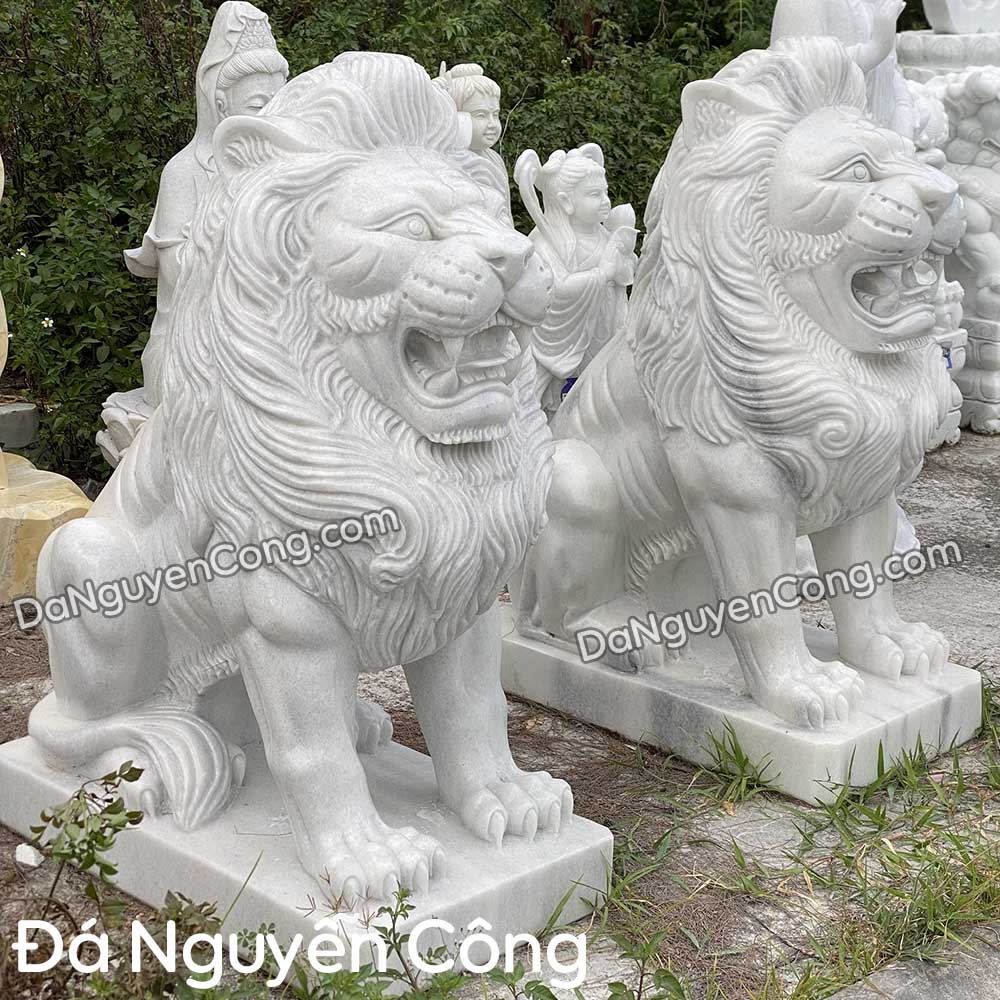 tượng sư tử đá ngồi để cổng cẩm thạch trắng
